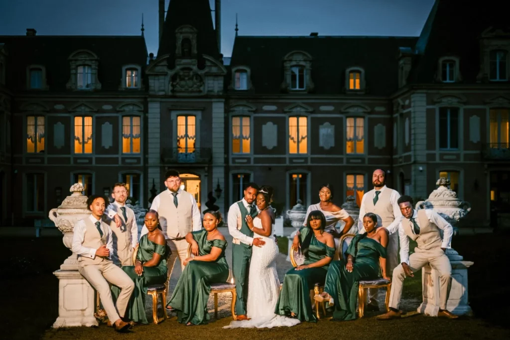 Photo de groupe en soirée lors du mariage des Londonien Cheyenne et James à l'Alexandra Palace, près de Niort